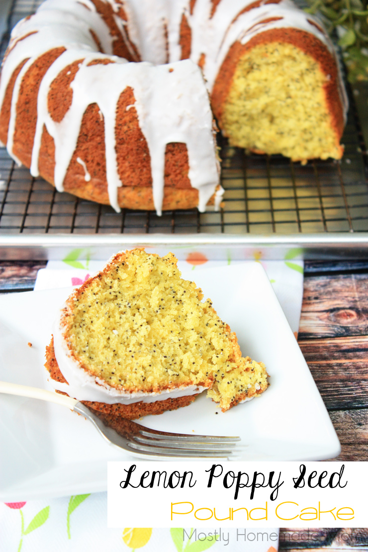 A slice of lemon Poppyseed Cake on a white plate. The cut cake is sitting in the background over a cooling rack.